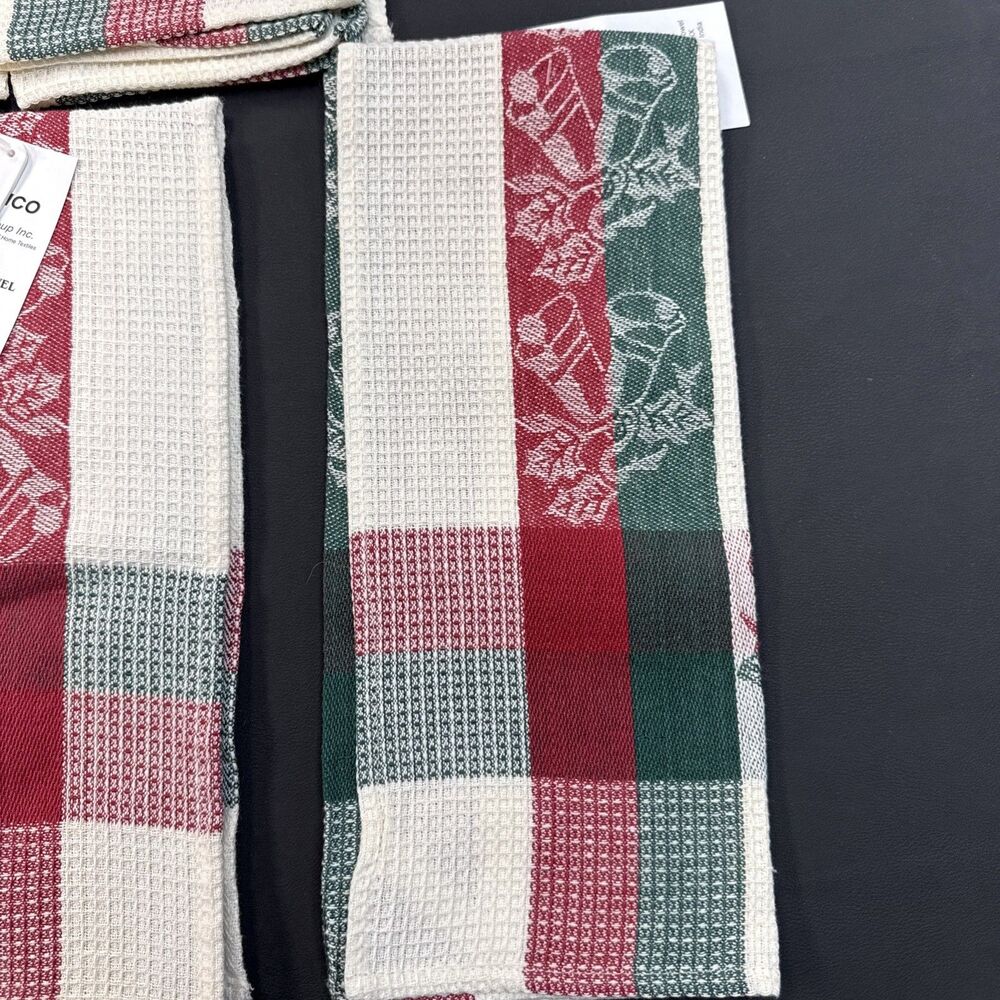 Kitchen Towels Green Red Tartan Plaid Bells Holly Waffle 100% Cotton NWT 5 Set - Picture 2 of 7
